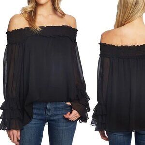 NWT Cece Chiffon Blouse Black Large Lined Sheer Ruffled Sleeve Smocked Neck